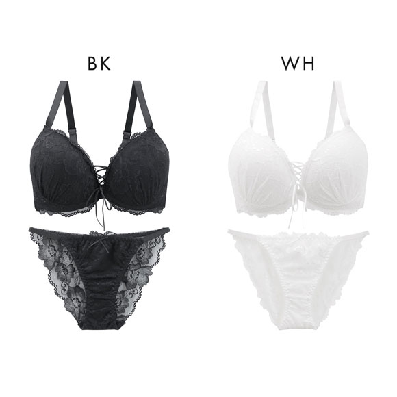 エレガント 脇肉を谷間に変える脇高ブラ レースアップデザイン ブラセット CDEF80-95 大きいサイズ ブラジャー ショーツ Elegante