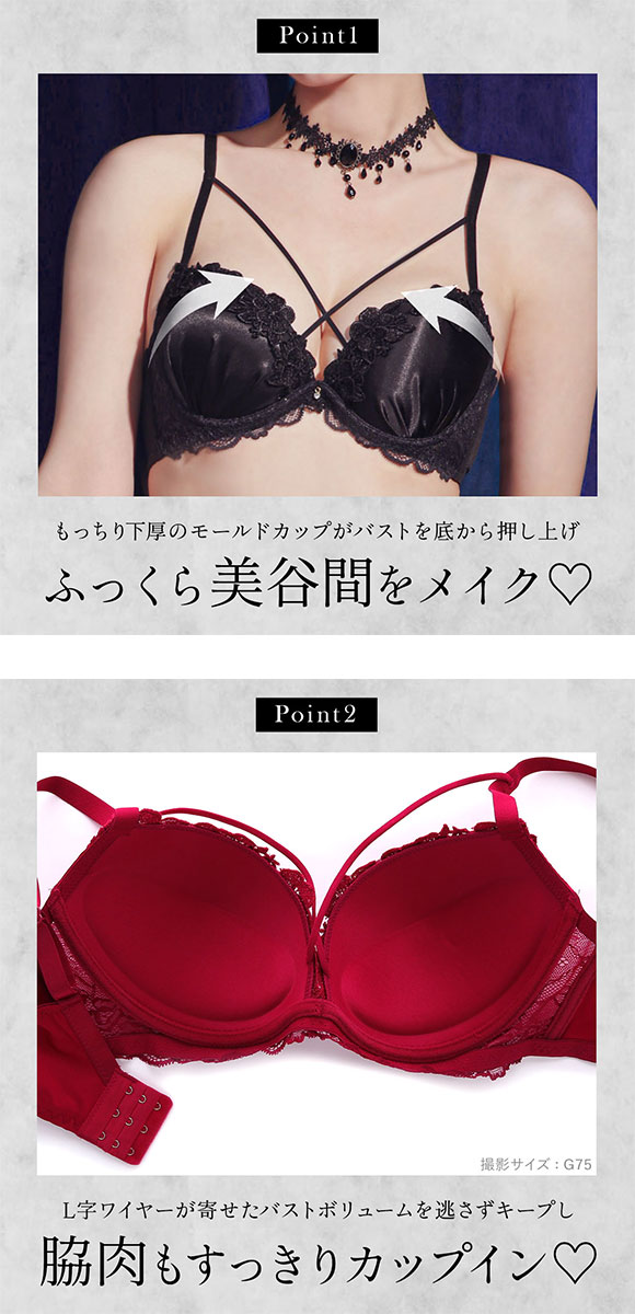 エレガント 脇肉を谷間に変える脇高ブラ セクシーサテン＆ケミカル ブラセット CDEF80-95 大きいサイズ グラマー L字 谷間 盛り ブラジャー ショーツ Elegante