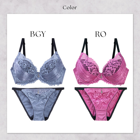 エレガント 脇肉を谷間に変える脇高ブラ ジャガードサテンレース ブラセット GHI65-95 大きいサイズ グラマー 脇寄せ ブラジャー ショーツ セット Elegante