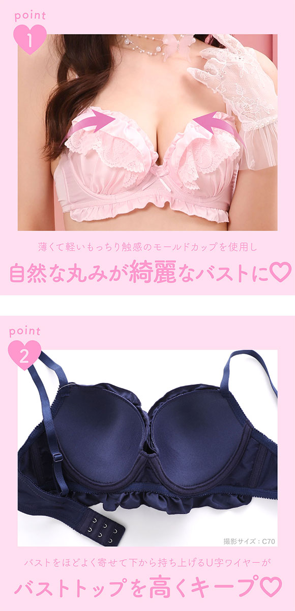 パンキュート ロマンティックフリル ブラセット ABCDEF 大きいサイズ グラマー 下厚パッド 盛り胸 谷間 ブラジャー ショーツ セット 脇寄せ Elegante