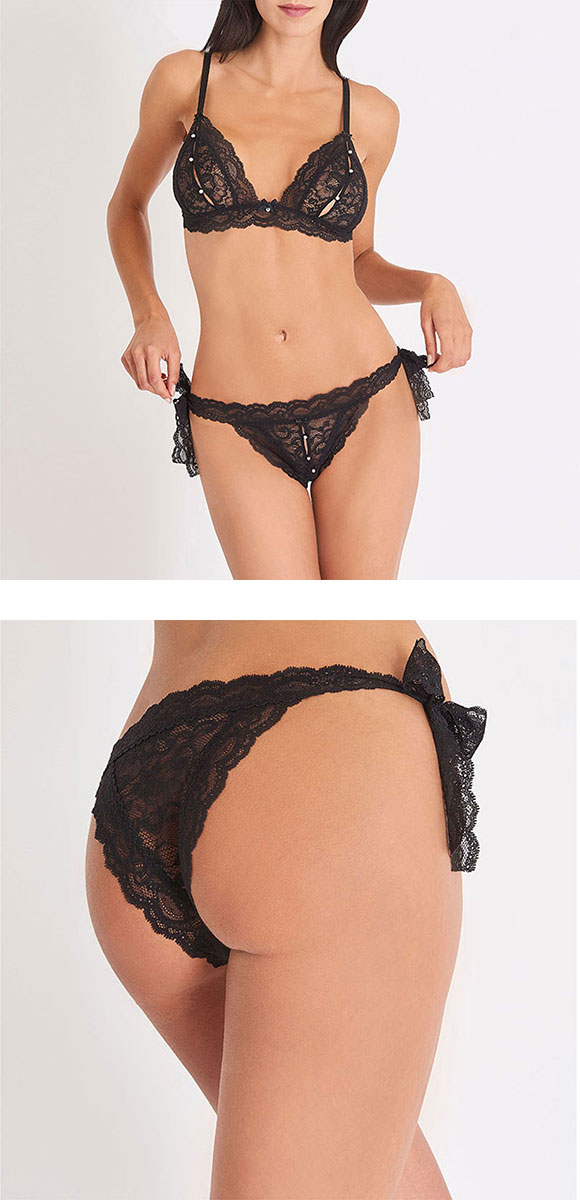 オーバドゥ Aubade Boite a Desir シリーズ パール ビーズ 付き オープンビキニ ブラショーツ セット