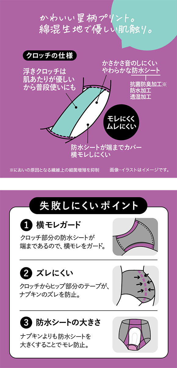 アツギ ATSUGI シーフリー Shefree サニタリーショーツ 星柄 特に多い日 生理用 綿混 ロング防水シート