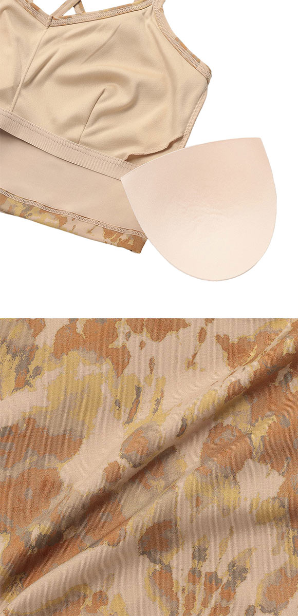 アツギ ATSUGI クリアビューティアクティブ 背中クロス ヨガブラ ボタニカルニュアンス柄 カップ付きインナー ハーフトップ ノンワイヤー