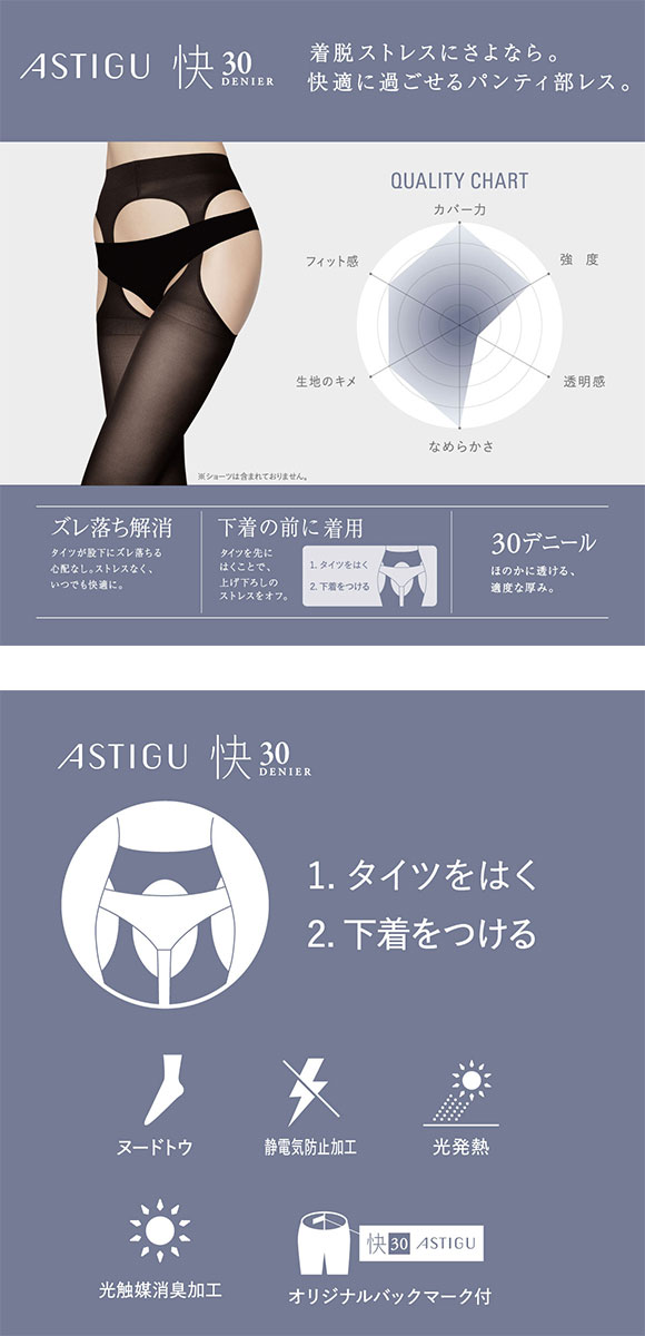 アツギ ATSUGI アスティーグ ASTIGU 快 ストレスオフ タイツ 30デニール 光発熱 ムレにくい パンティ部レス