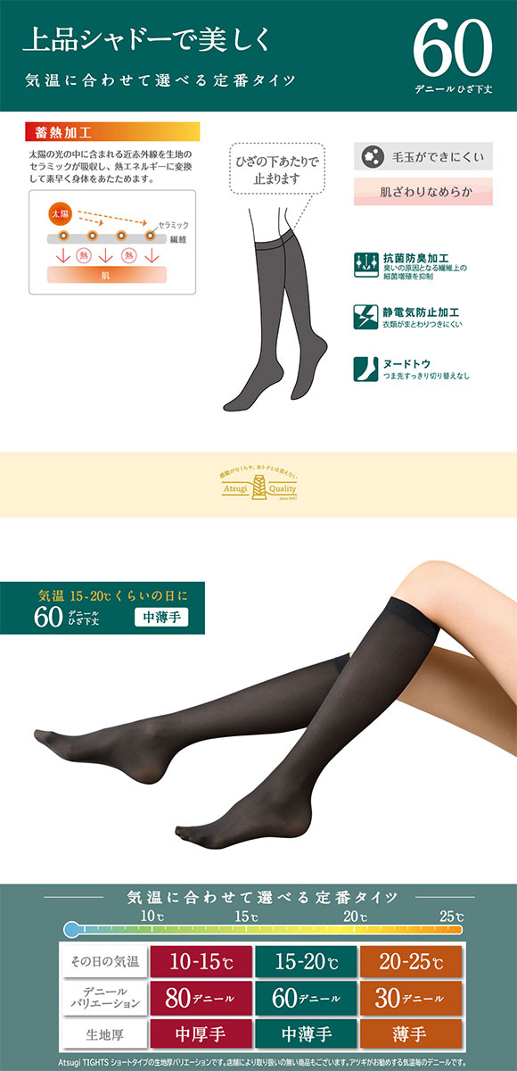 アツギタイツ 60デニール ひざ下丈 2足組 ATSUGI