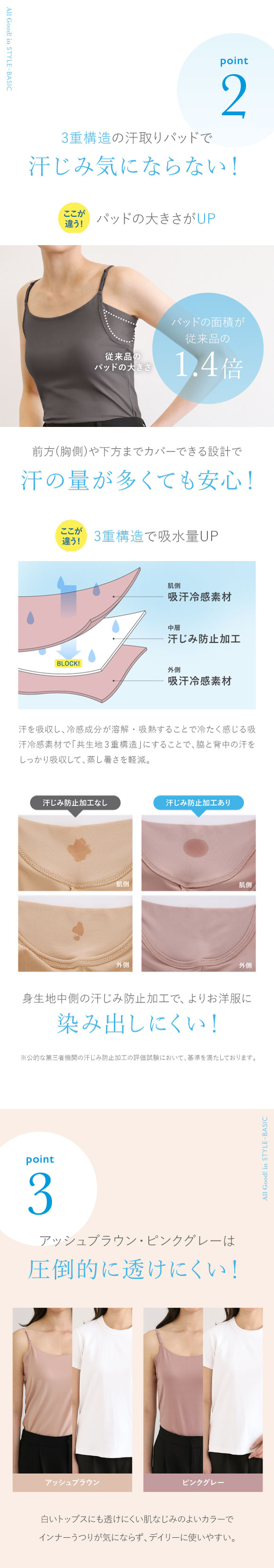 アツギ ATSUGI STYLE BASIC ice doll×SHIROHATO コラボ 脇汗じみ防止 キャミソール 吸汗冷感 速乾 レディース 汗取りインナー インナー