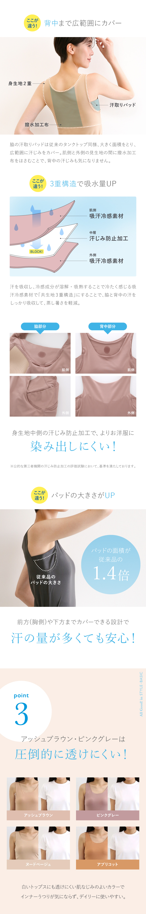 アツギ ブラトップ タンクトップ 透けない 脇汗 汗じみ防止 カップ付き STYLE BASIC ATSUGI 汗取りインナー SHIROHATO