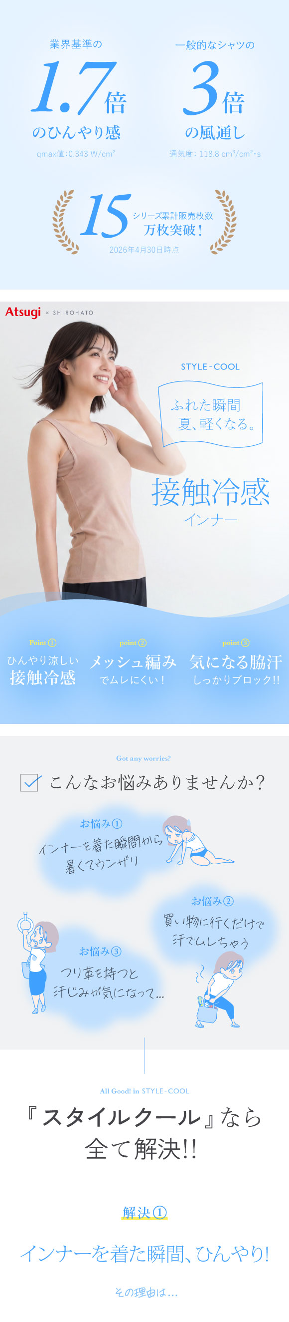 アツギ ATSUGI スタイルクール STYLE COOL タンクトップ 接触冷感 レディース 汗取りインナー インナー メッシュ