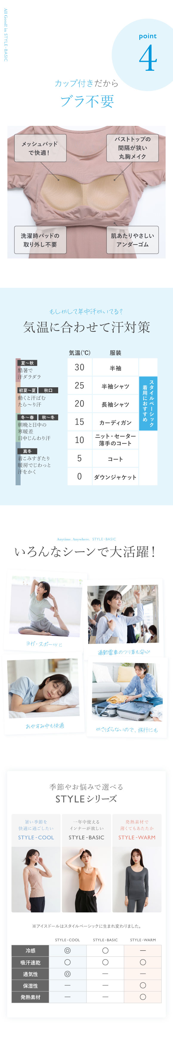 アツギ ブラトップ 半袖 3分丈Tシャツ 透けない 脇汗 汗じみ防止 カップ付き STYLE BASIC スタイルベーシック レディース 汗取りインナー インナー