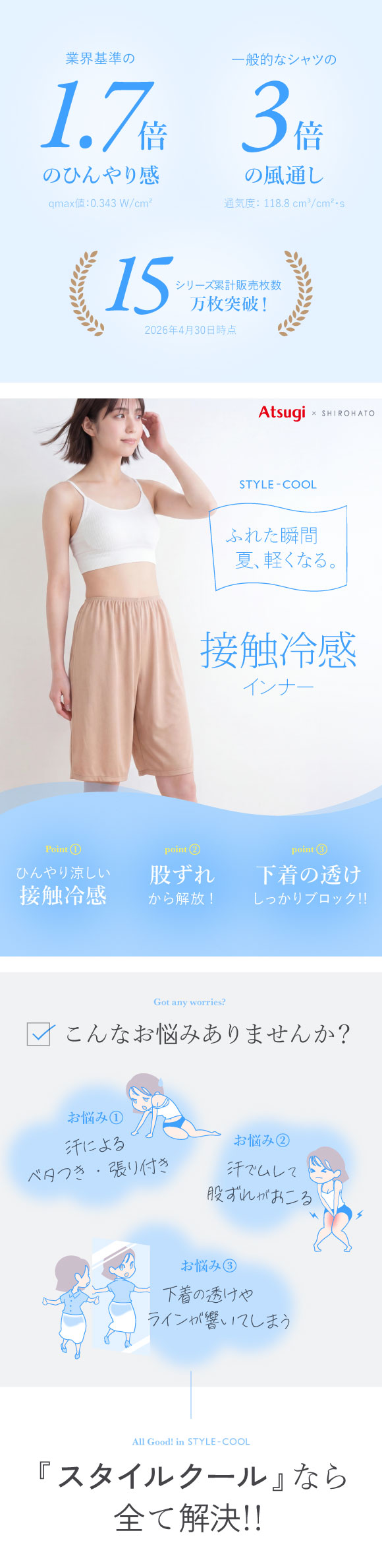 アツギ STYLE COOL 透けにくい タップパンツ 50cm丈ペチパンツ 接触冷感 メッシュ素材 メッシュ SHIROHATO