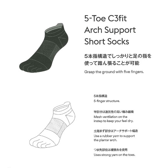 ゴールドウイン Goldwin シースリーフィット C3fit アーチサポート 5本指 ショート丈 ソックス ユニセックス 22-24cm 24-26cm 26-28cm