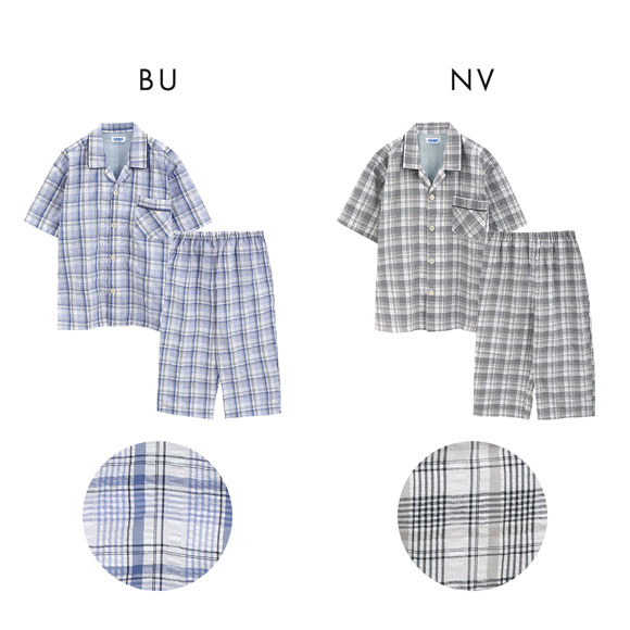 ヒヤロン メンズ パジャマ 上下セット 冷感メッシュ付き チェック柄 格子 ルームウェア 半袖 7分丈 紳士