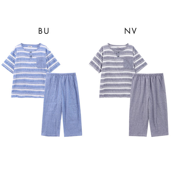 日本の匠 メンズ 播州織 日本製 パジャマ上下セット ルームウェア 半袖 7分丈 ボーダー 涼感