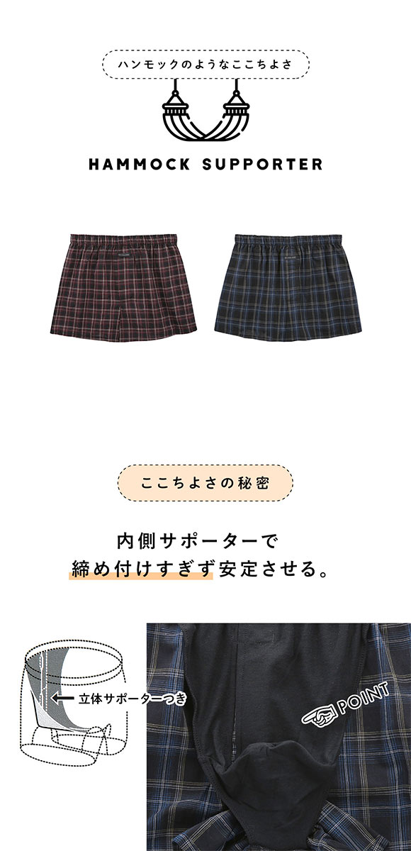 ジーハウス ハンモックサポーター 布帛 トランクス チェック柄 メンズ 前開き 大きいサイズ M L LL G-HOUSE
