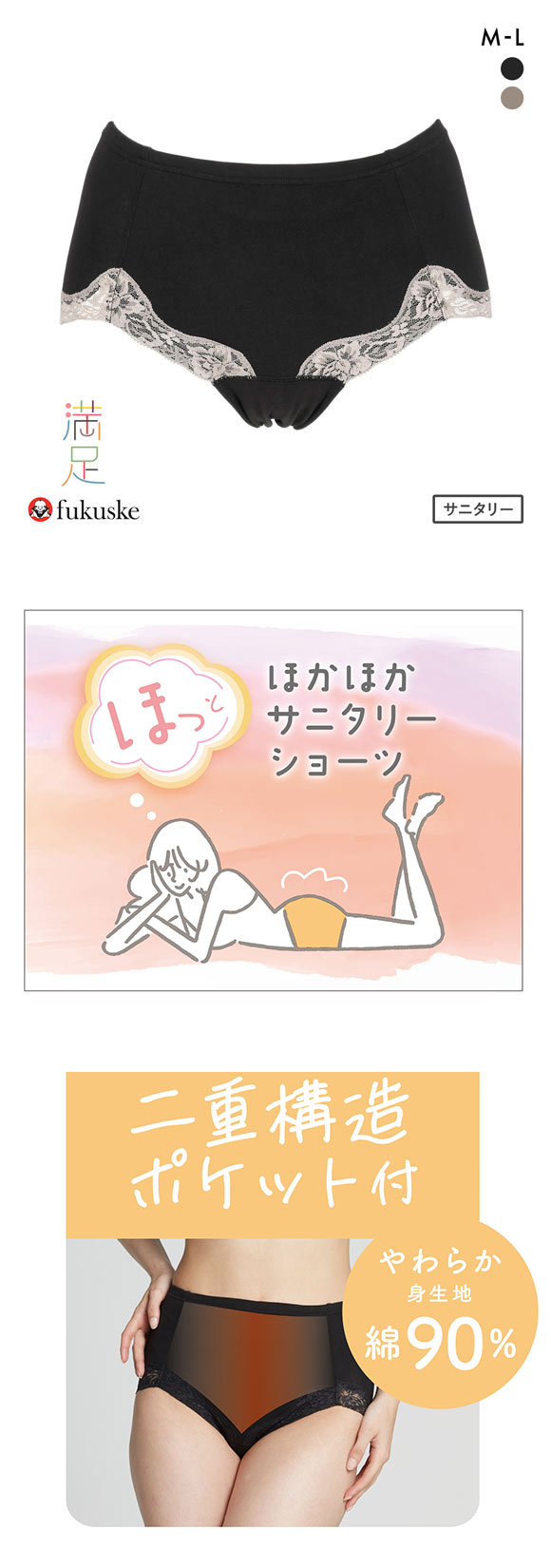 福助 満足 お腹2重 ポケット付き サニタリーショーツ 昼用 レディース 羽つきナプキン対応 fukuske