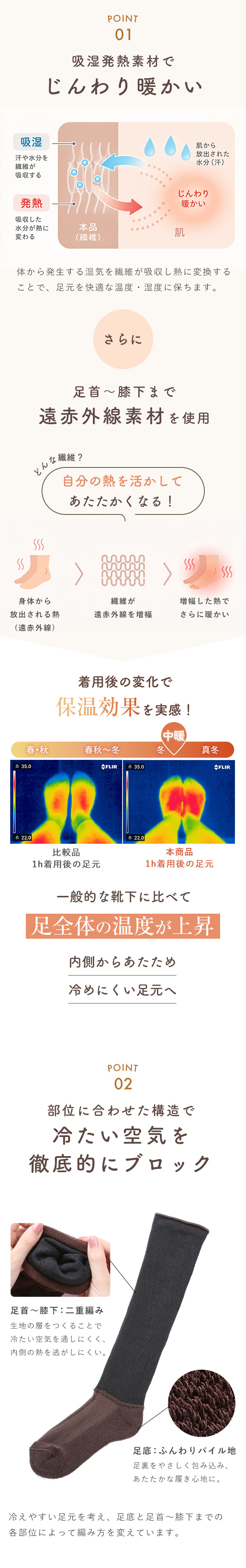 YUNEA*fukuske あったか靴下 冷え対策 お出かけ用 外用 ミドルゲージ ハイソックス 遠赤外線素材 冬 ぽかちる