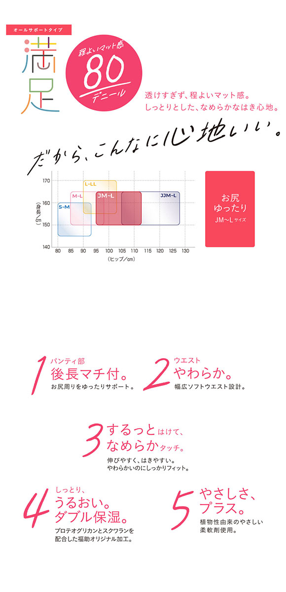 福助 満足 しっとりダブル保湿 80デニール タイツ JMLサイズ