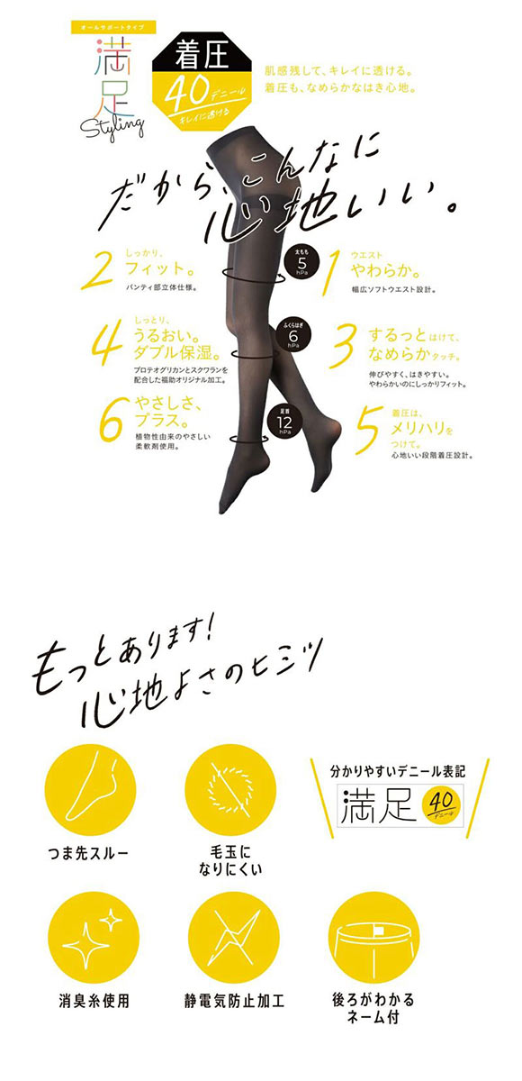 福助 fukuske 満足styling しっとりダブル保湿 着圧 40デニール タイツ