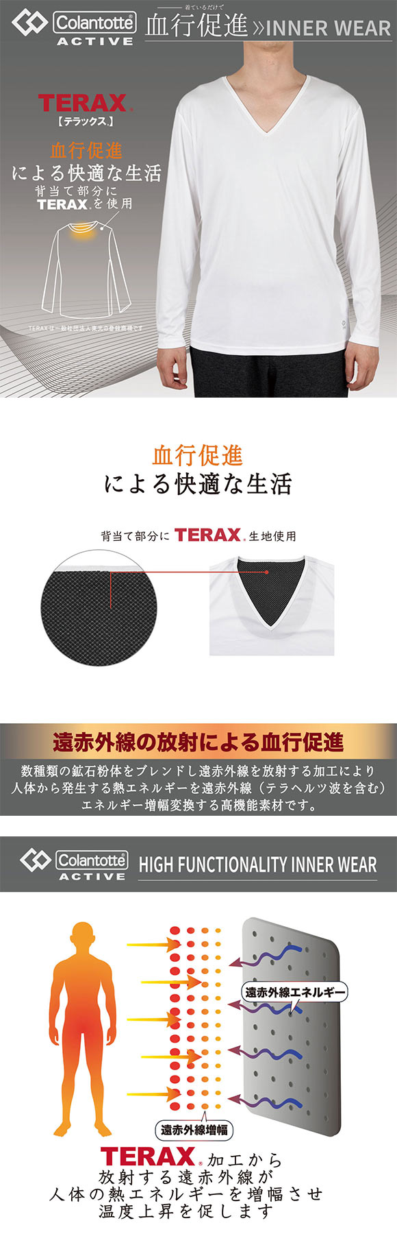 コラントッテ アクティブ Vネック 長袖シャツ メンズ テラックス 血行促進 リラックス Colantotte Active