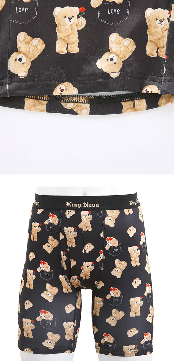 キングノバ あったか裏起毛 くま柄 ロングボクサーパンツ 5分丈 メンズ 前あき M L LL ステテコ ストレッチ 大きいサイズ KING NOVA