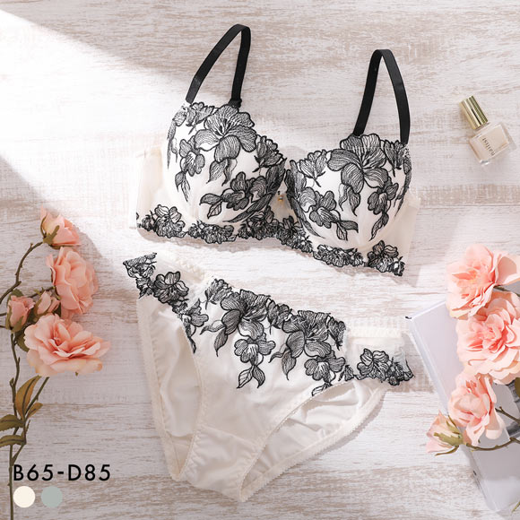 ピュアシェリ 花柄チュール ブラセット BCD 大きいサイズ 谷間 ブラジャー ショーツ セット 谷間 L字 脇寄せ 盛り PURECHERIE