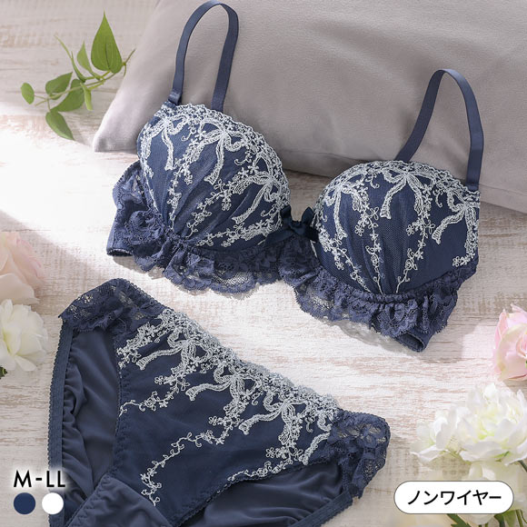 ルルモアナ リボン柄チュールレース ノンワイヤー ブラセット M L LL