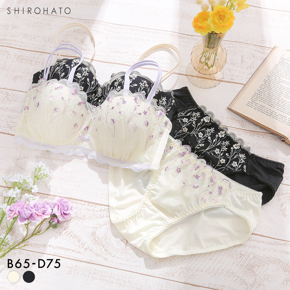 ピュアシェリ 小花チュール 1/2カップ ブラセット BCD65-75 谷間 ブラジャー ショーツ セット 脇肉 補正 育乳 脇寄せ 盛り