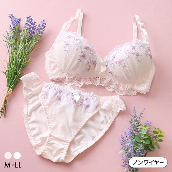 ピュアシェリ 小花レース ノンワイヤー ブラセット M L LL ブラジャー