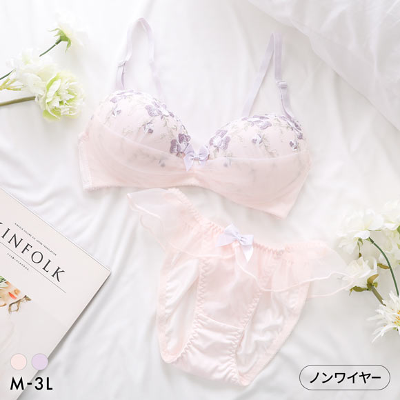 ピュアシェリ 花柄チュールハーフレース ノンワイヤー ブラセット M L