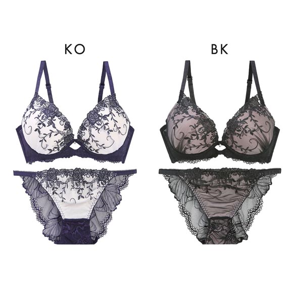 エクラ 脇高 ラメ入花柄チュール ブラジャー ショーツ セット バックレース ECLAT