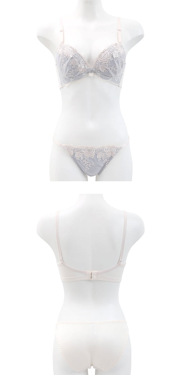 ピュアシェリ 脇高 アンティーク花柄チュール ブラセット ABCD70-85 盛り 谷間 美胸 寄せ ブラジャー ショーツ セット PURECHERIE