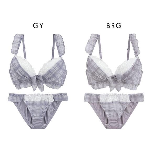 ピュアシェリ チェック柄シフォンフリル ブラセット ABCD ラジャー ショーツ セット 大きいサイズ 盛り 谷間 L字 脇寄せ PURECHERIE