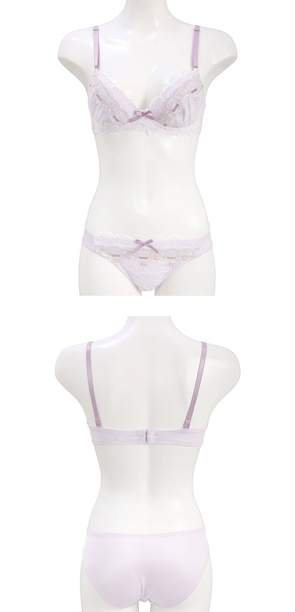 chabi ブラジャー 70F 白x薄紫系 レース リボン チュール 3フォック ピュアシェリ リボン通し風レース ノンワイヤー ブラセット M L LL