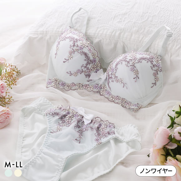 ピュアシェリ 4色小花チュールレース ノンワイヤー ブラセット M L LL ブラジャー ショーツ セット ワイヤレス PURECHERIE