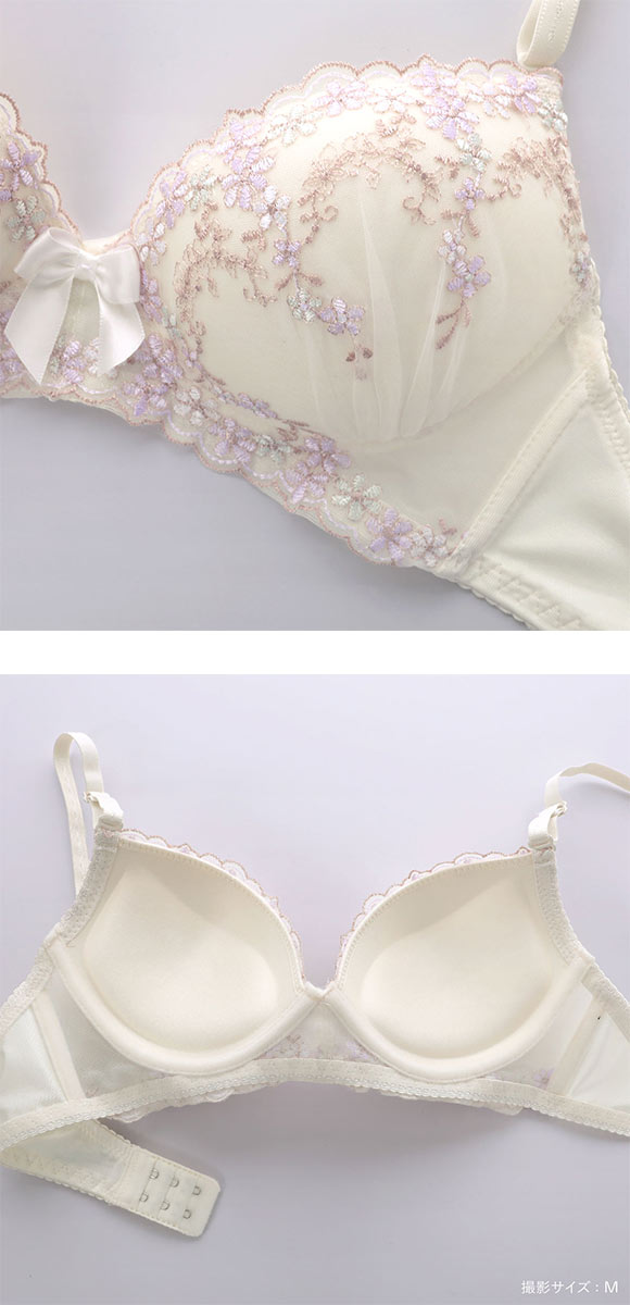 ピュアシェリ 4色小花チュールレース ノンワイヤー ブラセット M L LL ブラジャー ショーツ セット ワイヤレス PURECHERIE