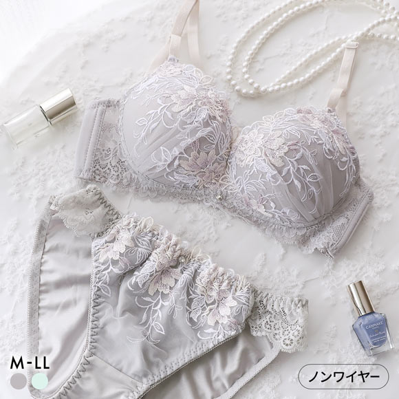 ピュアシェリ 3色小花チュールレース ノンワイヤー ブラセット M L LL ブラジャー ショーツ セット ワイヤレス PURECHERIE