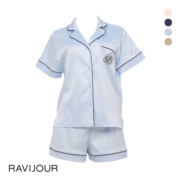 ラヴィジュール RAVIJOUR サテンシャツ ショートスリーブ セットアップ ルームウェア 半袖 パジャマ ナイトウェア