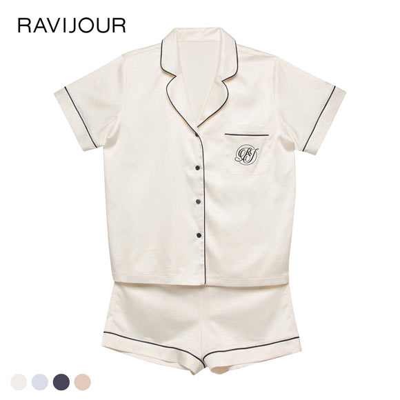 ラヴィジュール RAVIJOUR サテンシャツ ショートスリーブ セットアップ ルームウェア 半袖 パジャマ ナイトウェア