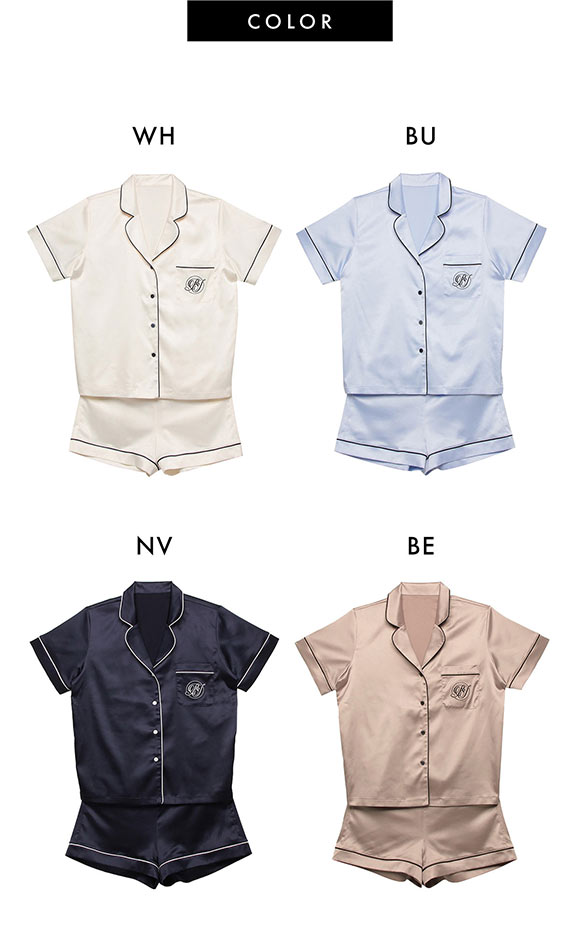 【RAVIJOUR】ダークブルー サテン キャミソール&ショーツセット ラヴィジュール RAVIJOUR サテンシャツ ショートスリーブ セットアップ