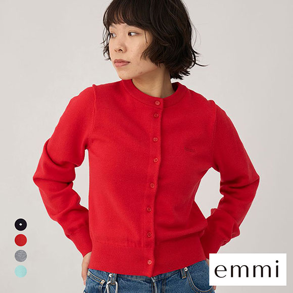 エミ ウール混emmiロゴクルーネックニットカーディガン emmi