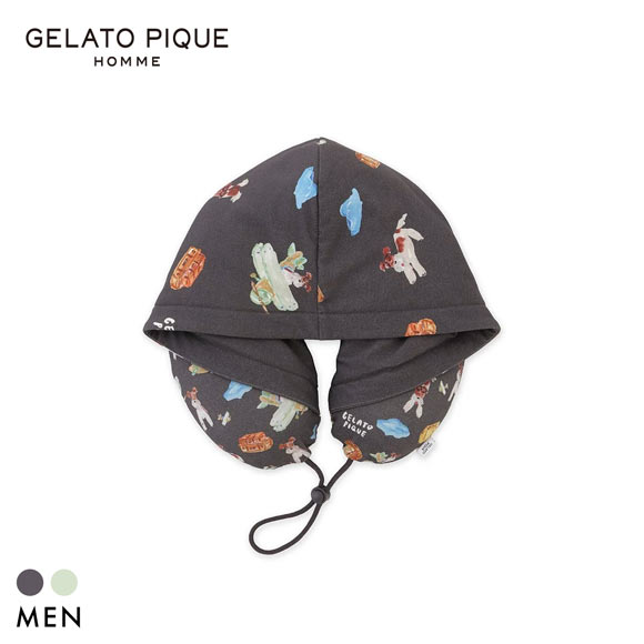 ジェラートピケ オム メンズ 接触冷感 PLANEDOG柄プリントフードネックピロー ジェラピケ GELATO PIQUE HOMME