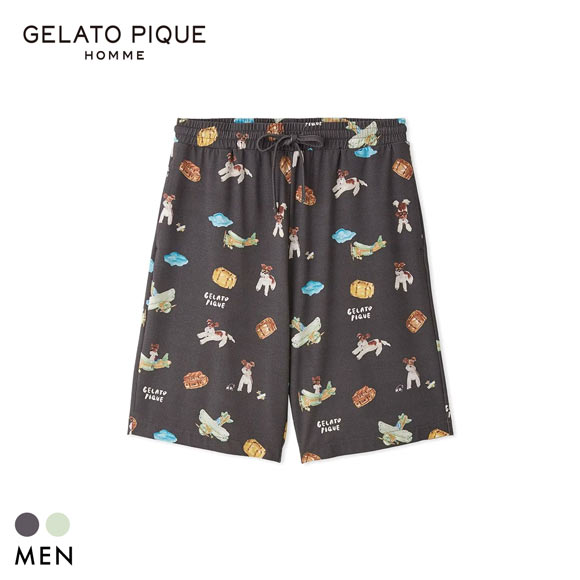 ジェラートピケ オム メンズ ヒラノトシユキ 接触冷感 PLANEDOG柄プリントハーフパンツ ジェラピケ パジャマ GELATO PIQUE HOMME