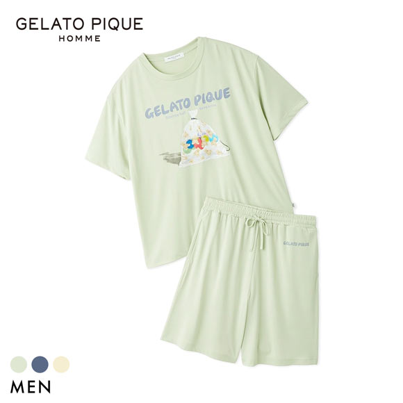 ジェラートピケ オム メンズ MINT SORBET by HEIQ MINT 接触冷感 夏祭りワンポイントTシャツ&ハーフパンツセット ジェラピケ ルームウェア GELATO PIQU