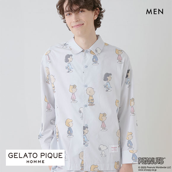 ジェラートピケ オム メンズ ピーナッツ 総柄シャツ ジェラピケ パジャマ ルームウェア PEANUTS gelato pique HOMME