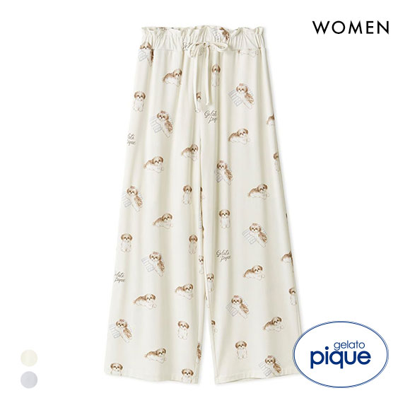 ジェラートピケ　パジャマ　ベージュ　ストーン柄　ドット柄　スリット　ウエストゴム ジェラートピケ パジャマ ベージュ ストーン柄 ドット柄