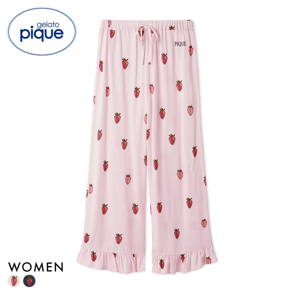ジェラートピケ レディース ストロベリー柄ツイルロングパンツ