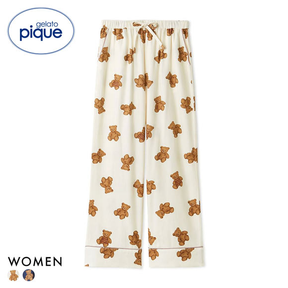 ジェラートピケ レディース HOLIDAY ベア柄ネルロングパンツ