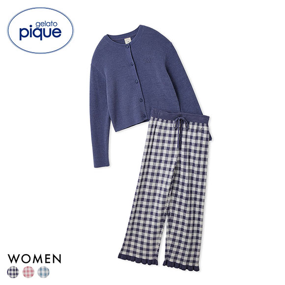 ジェラートピケ レディース WhiteDay リブカーディガン＆チェックロングパンツセット 上下 ジェラピケ ルームウェア gelato pique ホワイトデー