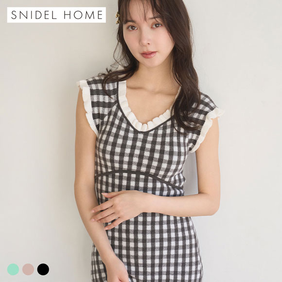 スナイデルホーム ギンガムフリルニットワンピース カップイン パッド付き ルームウェア パジャマ SNIDEL HOME