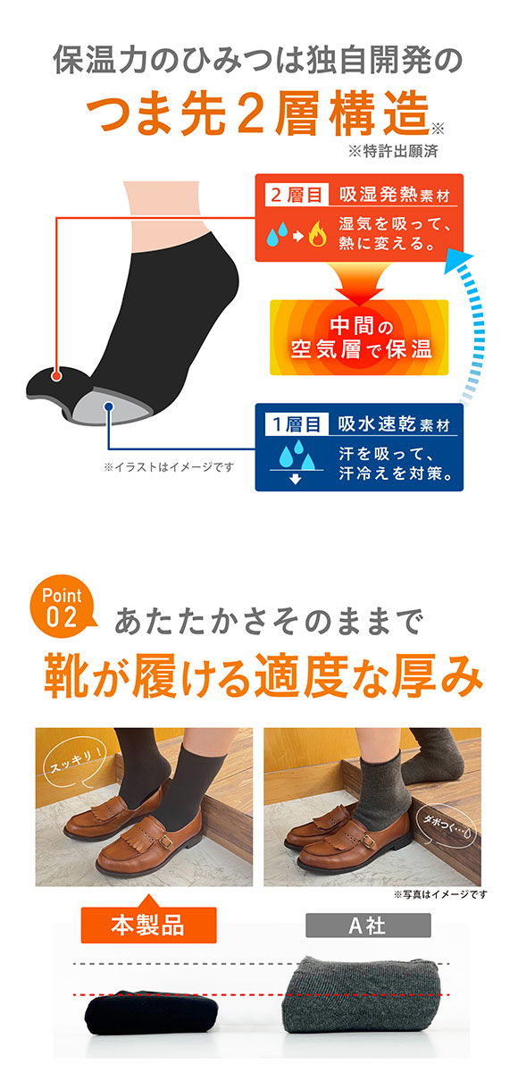 ココピタ あったか実感 ハーフ丈 靴下 つま先が厚い あったかソックス